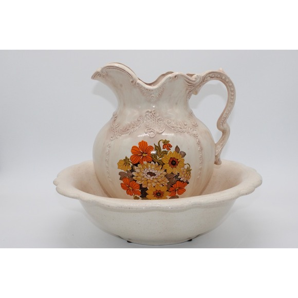 Arnel’s Other - VTG Arnel's Water Pitcher and Wash Basin Beige Floral Glazed Set